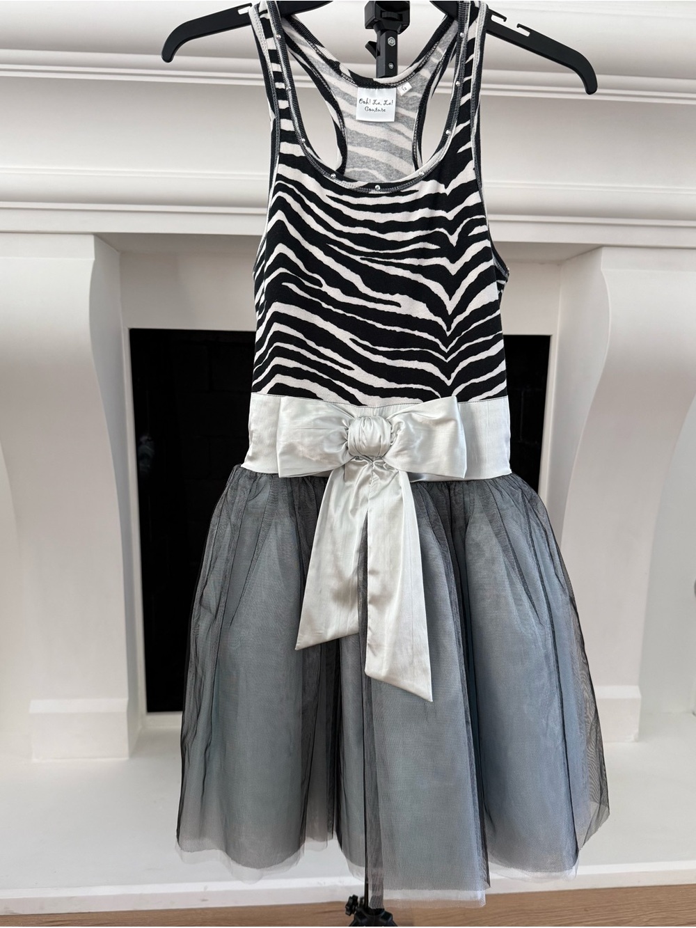 Ooh! La, La! Couture Black and White Zebra Tulle Dress with Silver Bow- Girls 14